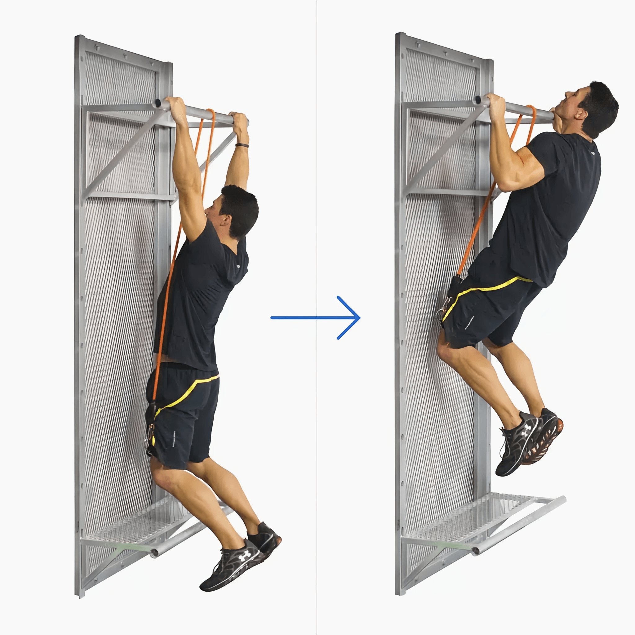 A man uses a Bodylastics band anchored above a door to assist a pull-up, from hanging to chin over the bar.