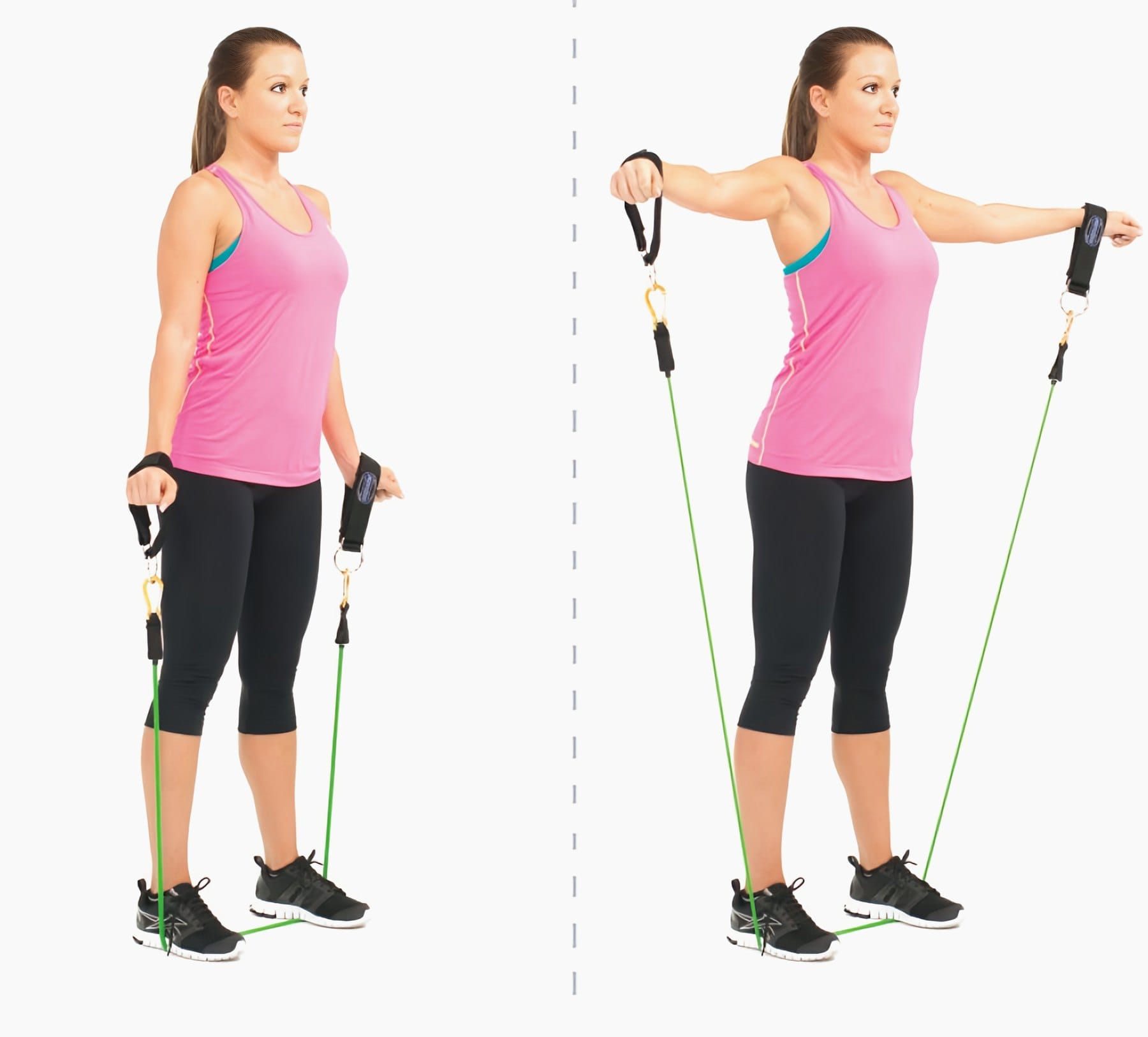 A woman standing on Bodylastics bands raises the handles out to her sides in a lateral raise.
