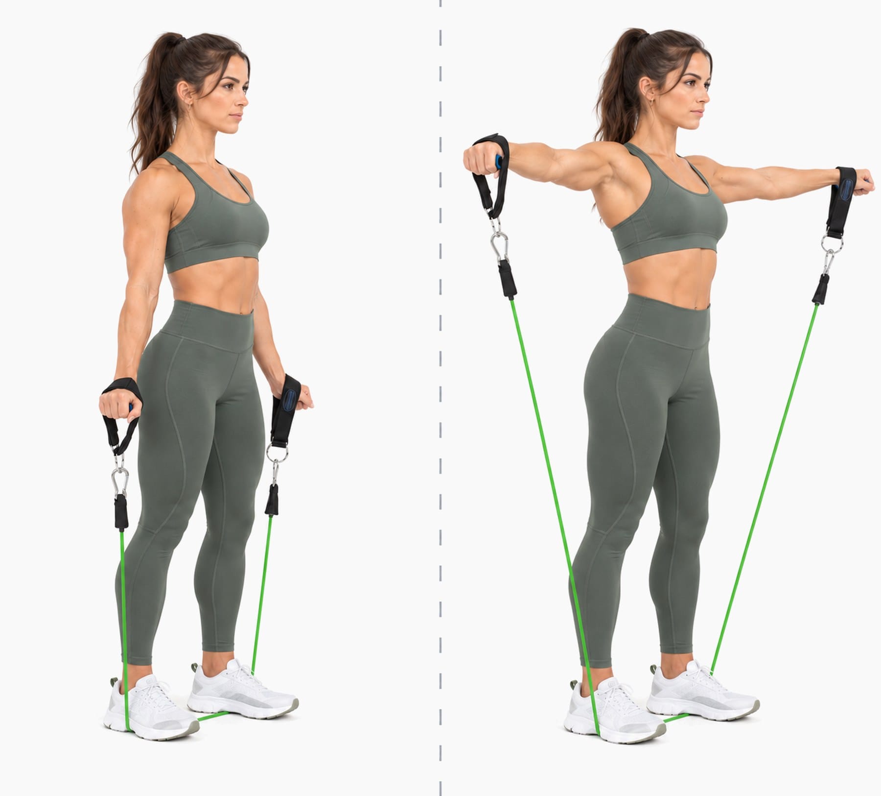 A woman standing on Bodylastics bands raises the handles out to her sides in a lateral raise.